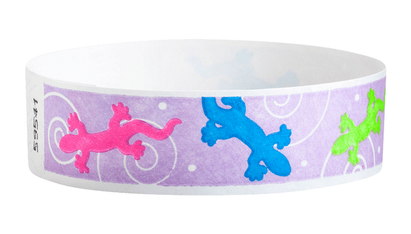 A Tyvek®  3/4" x 10" Sheeted Pattern Geckos Multicolored wristband