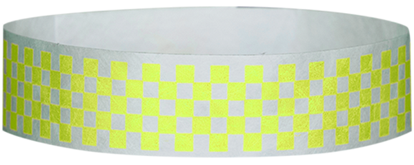 A Tyvek® 3/4" X 10" Checkerboard Yellow Glow wristband